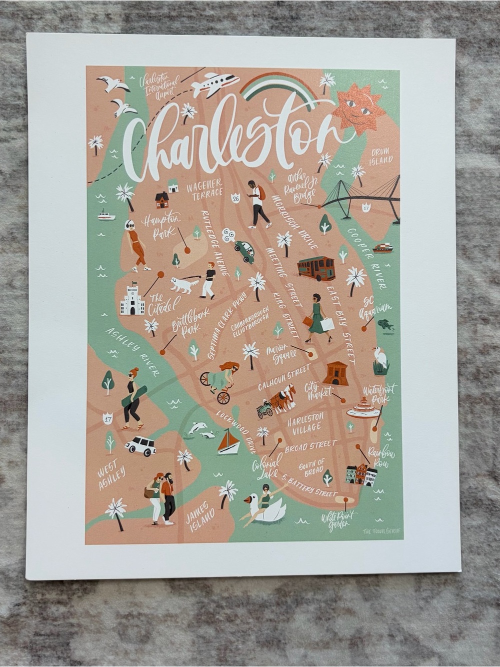 Charleston SC Illustrated Map Art Print The Town Serif Coastal Wall Decor